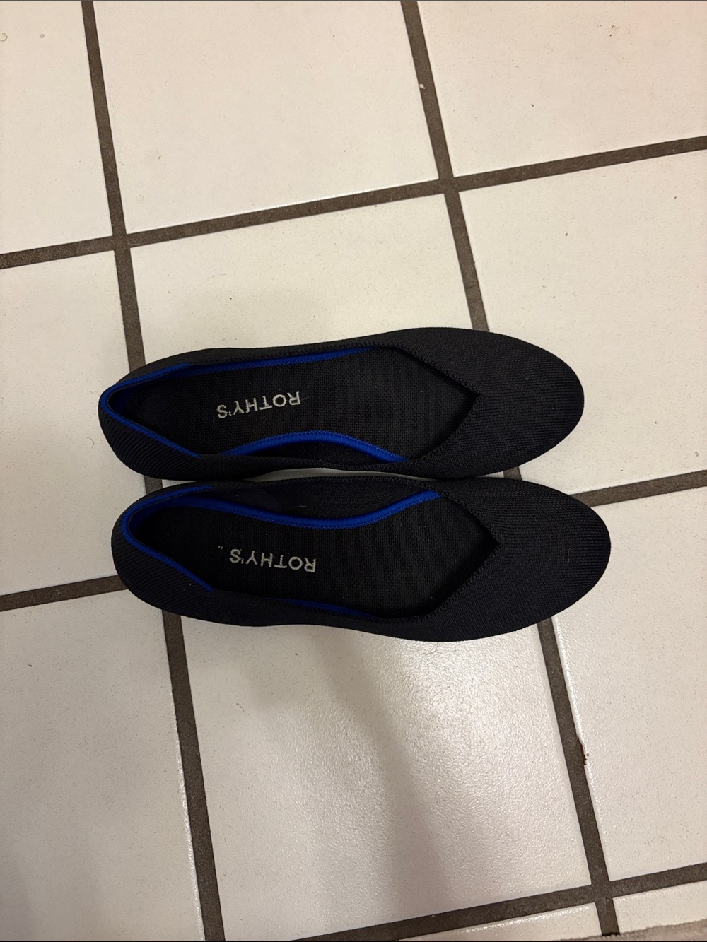 Rothy's Black Knit Slip-On Flats with Blue Trim